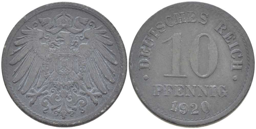 ГЕРМАНИЯ 10 ПФЕННИГОВ 1920 KM 26, J. 299 цинк 175-234