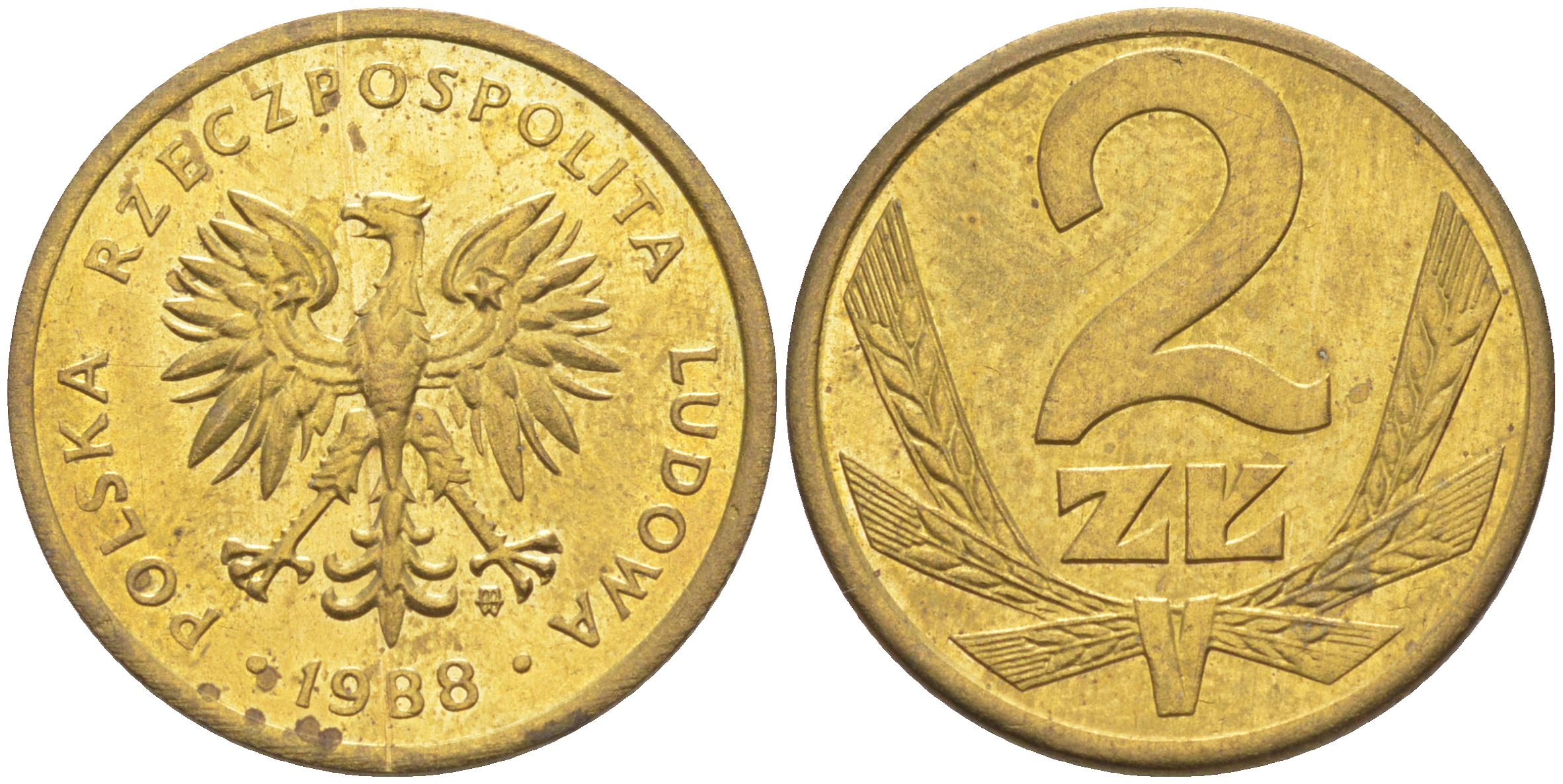 Польша 2 злотых 1988 MW KM 80.2, Parchimowicz 218c латунь 187-955