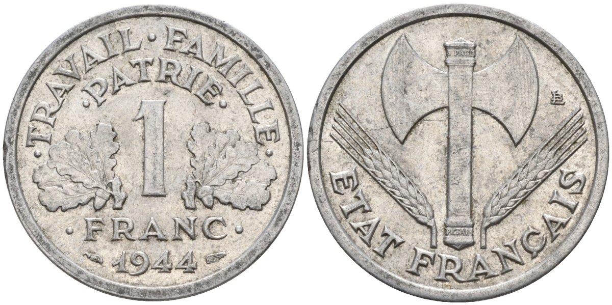 Франция 1 франк 1944 LB, тип Lourde, правительство Виши KM 902.1 алюминий 4142-943