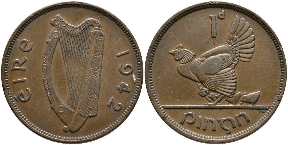ИРЛАНДИЯ 1 ПЕННИ 1942 КУРИЦА С ЦЫПЛЯТАМИ KM 11 бронза 4531-633