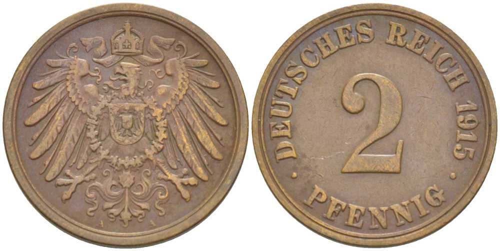 ГЕРМАНИЯ 2 ПФЕННИГА 1915 A KM 16, J. 11, Weege 4 медь 206-653
