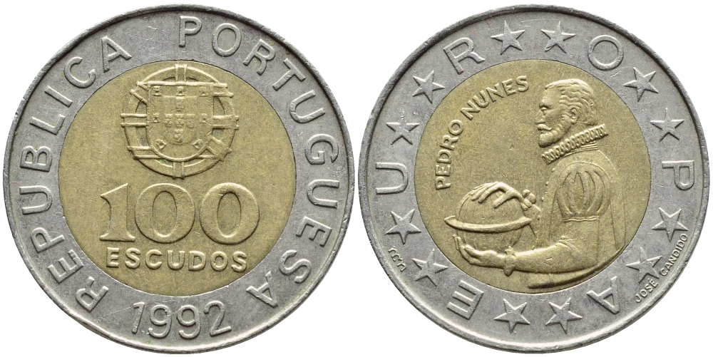 Португалия 100 эскудо 1992 Педру Нуниш (1502-1578), математик KM 645.1 биметалл 4395-953