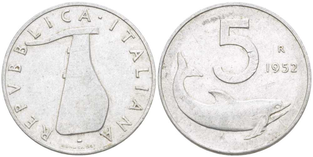 ИТАЛИЯ 5 ЛИР 1952 R, РУЛЬ, ДЕЛЬФИН KM 92 алюминий 31-621