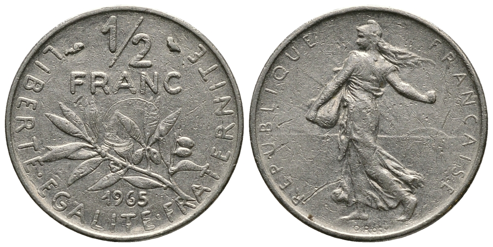 Франция 1/2 франка 1965 сеятель KM 931, Le Franc 198.3 никель 54-1029