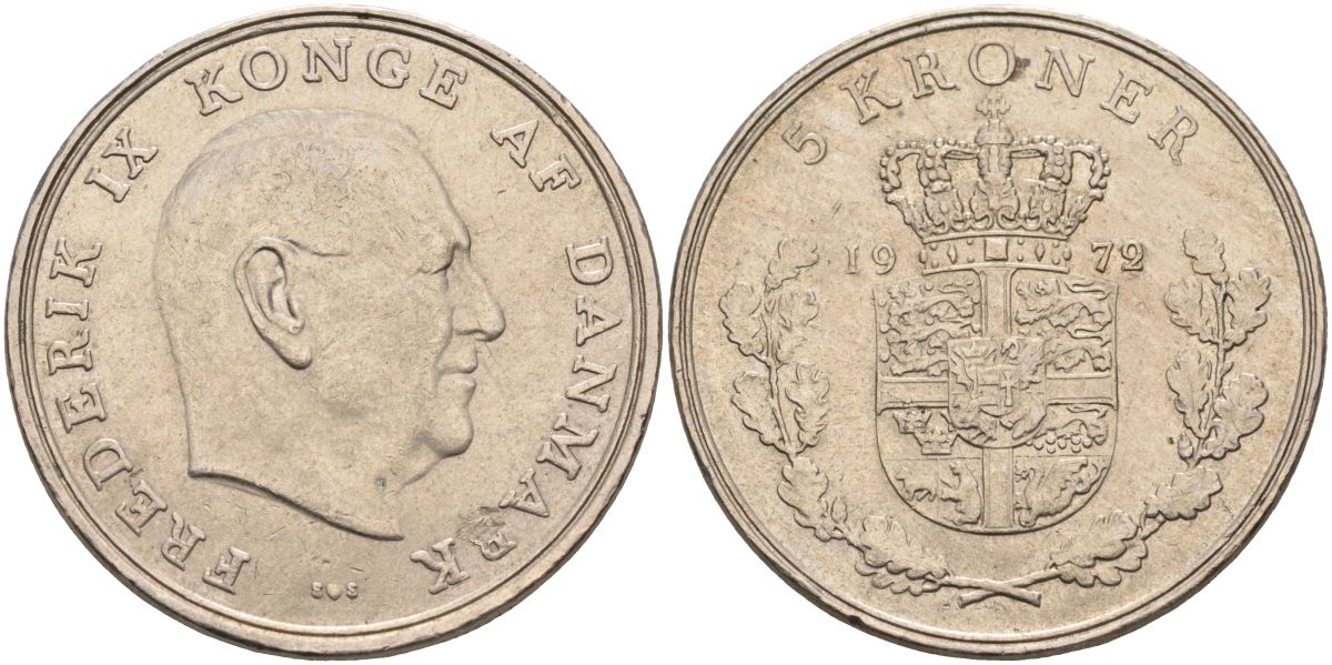 Дания 5 крон 1972 Фредерик IX (1947-1972) KM 853.1 медно-никель 4368-435