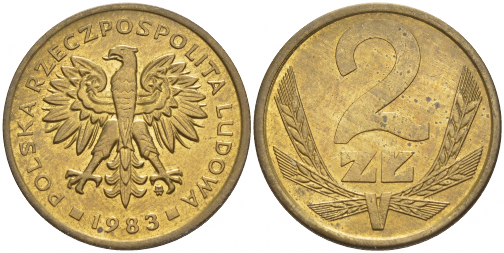 ПОЛЬША 2 ЗЛОТЫХ 1983 MW KM 80.1 латунь UNC 4532-121