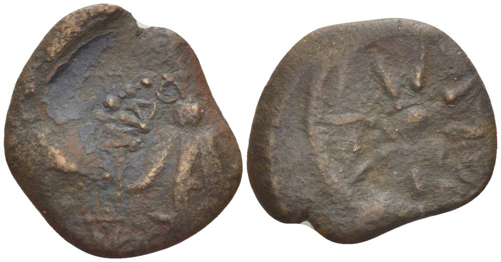 Иудея, династия Хасмонеев прута (известна как 'лепта вдовы') 104 - 76 гг. до н.э. Александр Яннай, греческая легенда 'Царя Александра', якорь / 8-ми лучевая звезда, между лучей та же легенда на иврите, Иерусалим Hendin 1150 медь 1073-21-87