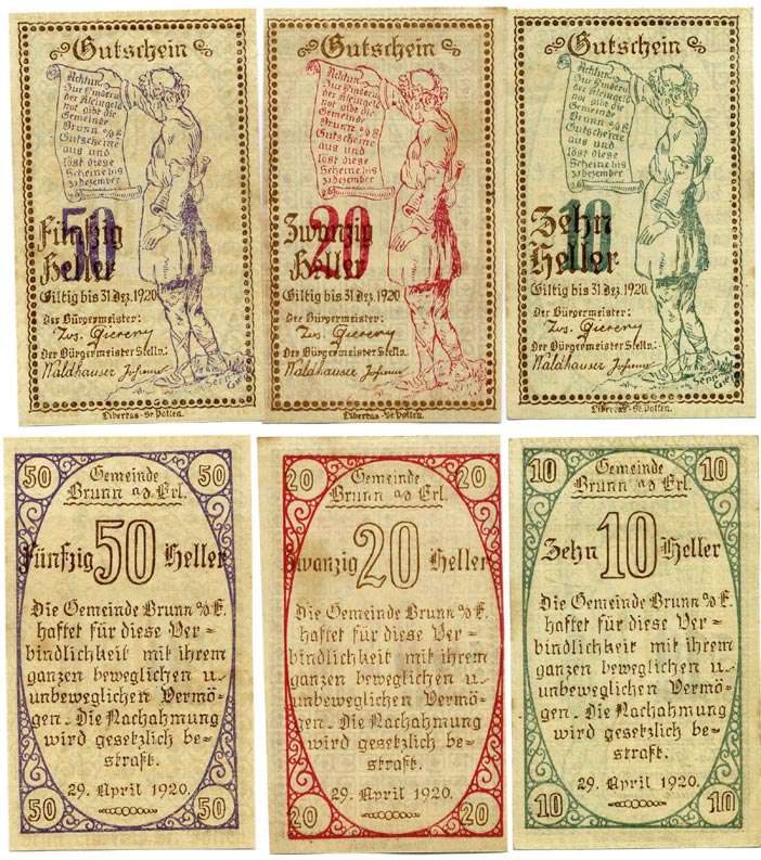 Австрия, Брунн набор из 3 банкнот 10, 20, 50 геллеров 1920 29 Апреля 1920 - 31 декабря 1920, нотгельд, ярмарочная община в земле Нижняя Австрия   бумага  UNC (пресс) 7555-11-4-1