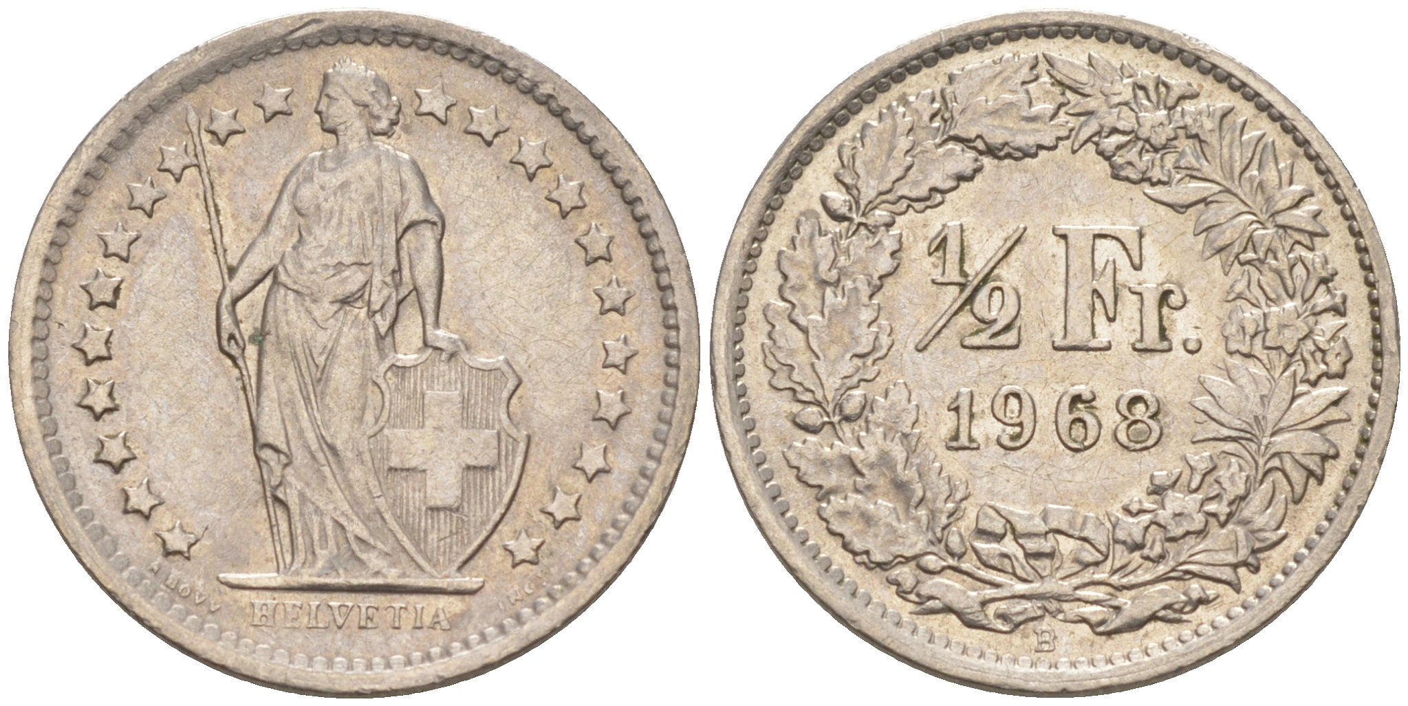 Швейцария 1/2 франка 1968 В KM 23а.1 медно-никель 188-1044
