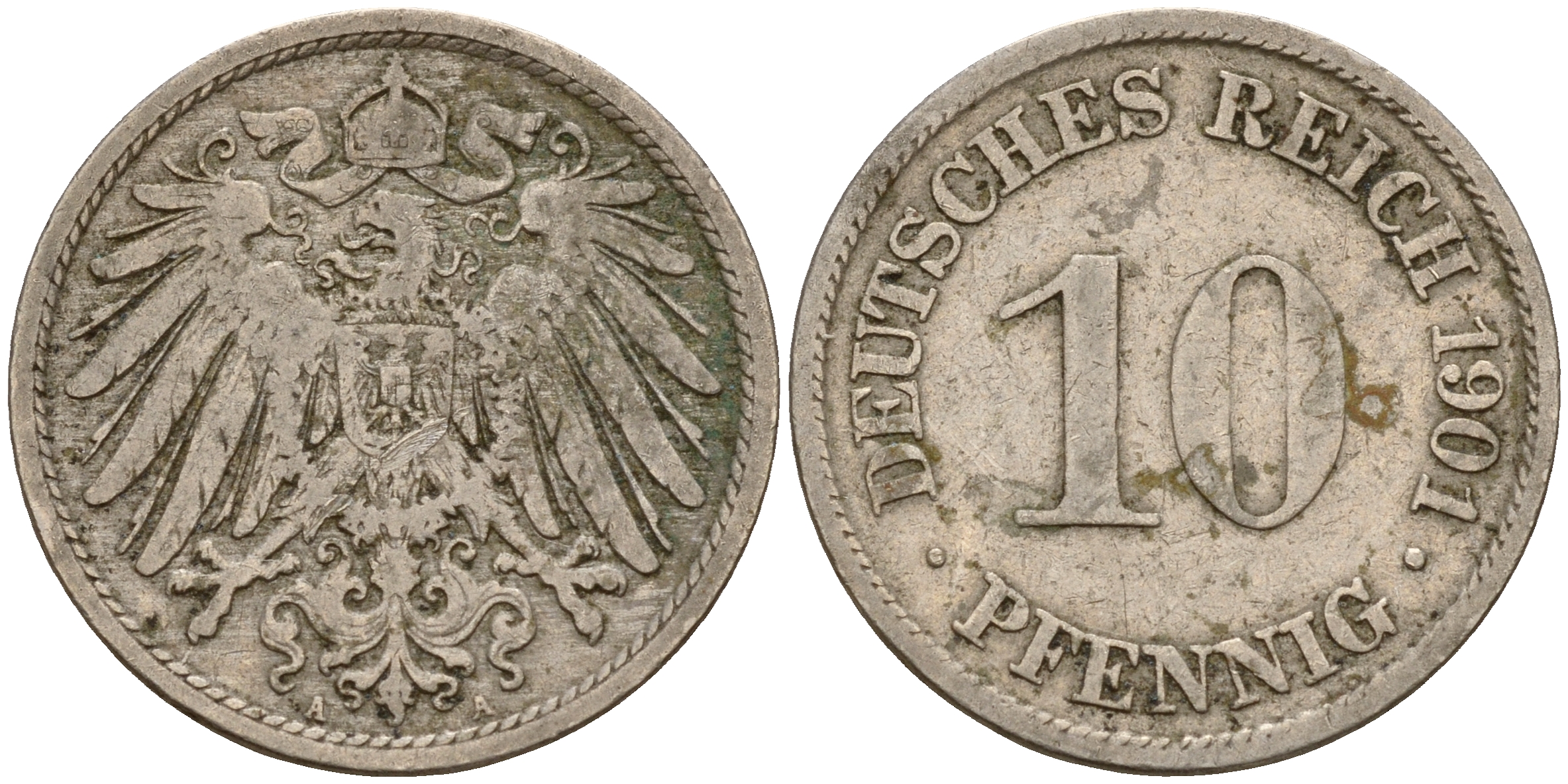 Германия 10 пфеннигов 1901 A J. 13,  KM 12 медно-никель    4603-613