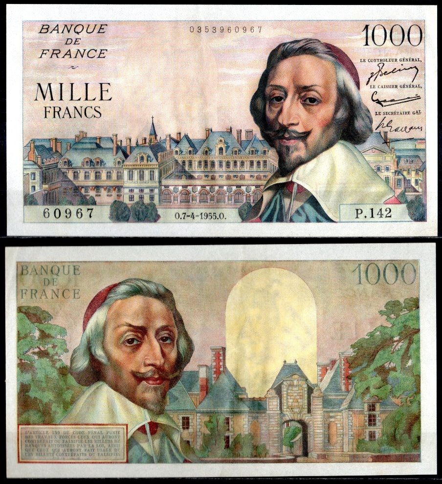 Франция 1000 франков 1955 Арман Жан дю Плесси Ришелье (кардинал Ришелье), кардинал Пале. Арман Жан дю Плесси Ришелье Pick 134 a бумага 451-1038-3