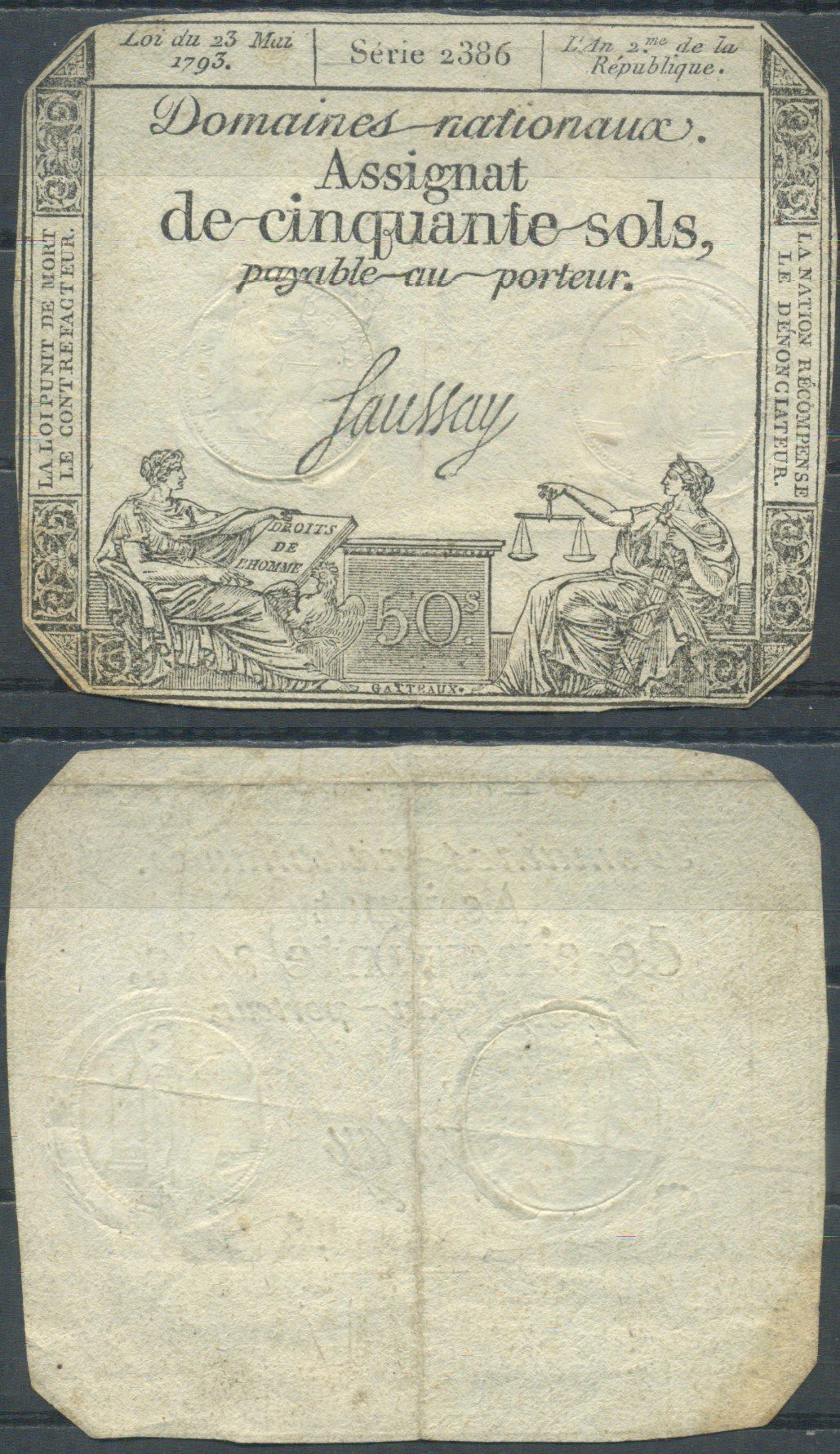 Франция 50 солей 1793 Pick A70 бумага 6285-24-2-1