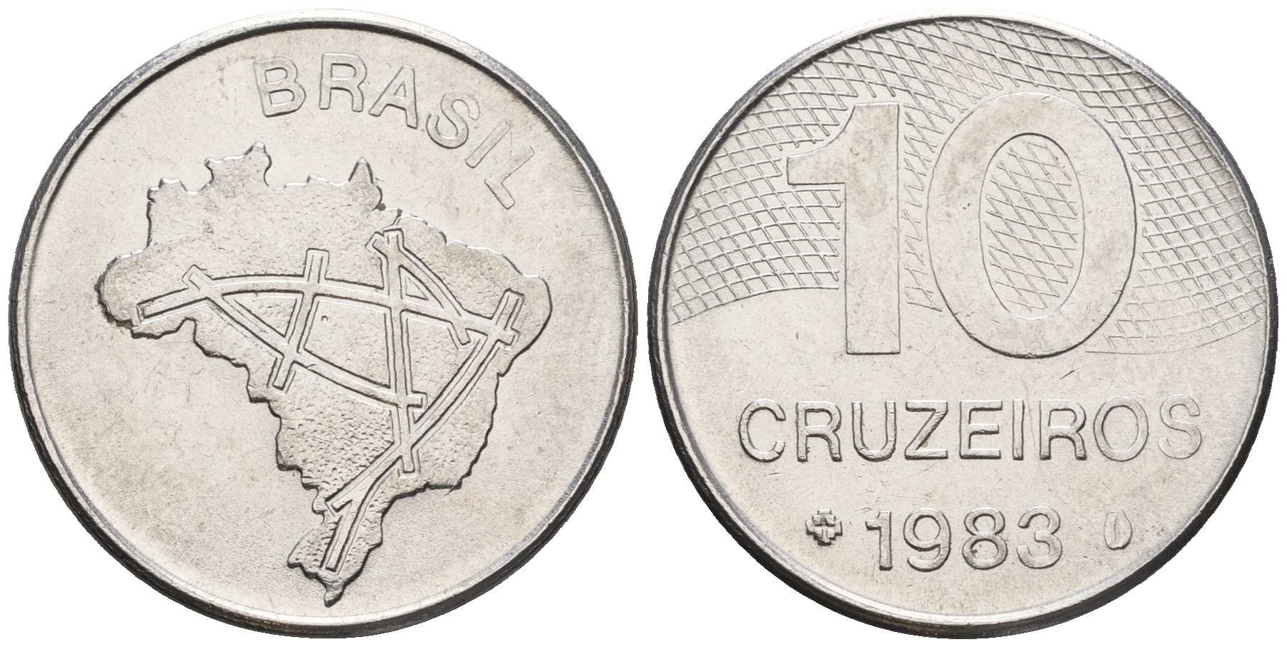 Бразилия 10 крузейро 1983 карта Бразилии KM 592.1 нержавеющая сталь 87-545