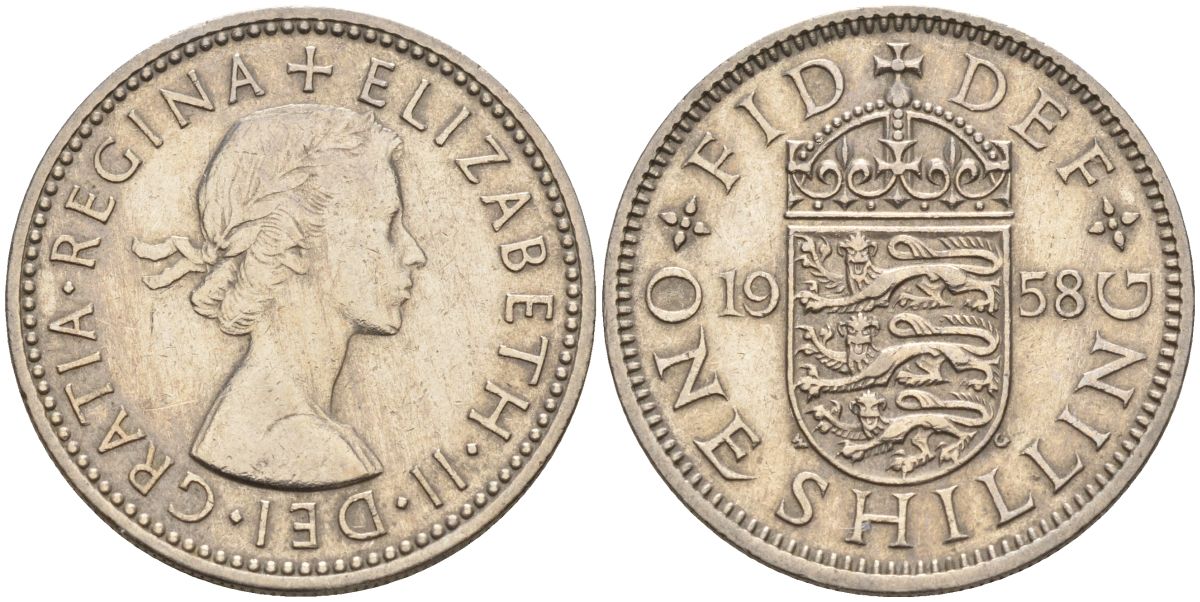 Великобритания 1 шиллинг 1958 Елизавета II (1952-2022), Английский герб KM 904, Spink 4147 медно-никель 4153-915