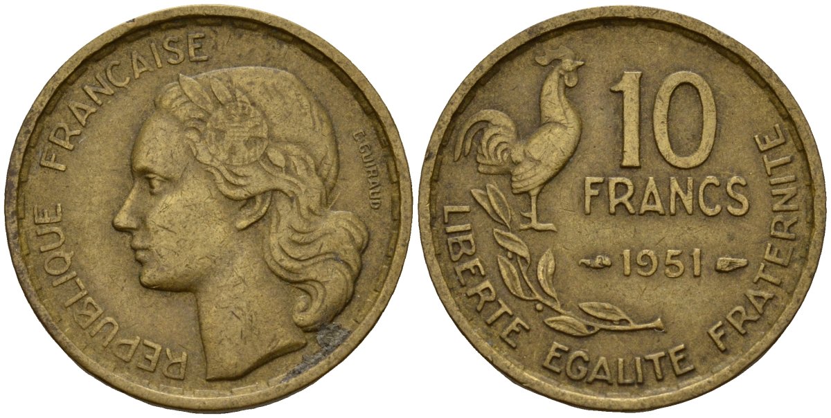 Франция 10 франков 1951 петух KM 915.1, Le Franc 363.4 алюминиевая бронза 4156-716
