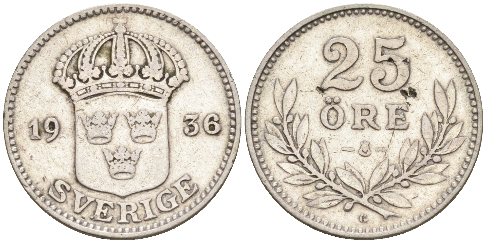 Швеция 25 эре 1936 G, Густав V (1907-1950) KM 785 серебро 4124-661