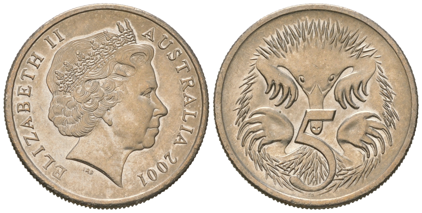 Австралия 5 центов 2001 Елизавета II (1952-2022), ехидна KM 401 медно-никель 4623-369