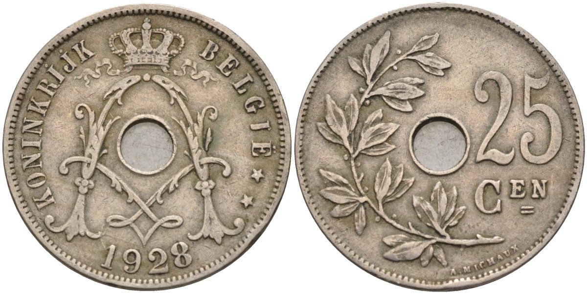 Бельгия 25 сантимов 1928 BELGIE KM 69 медно-никель 4117-1135