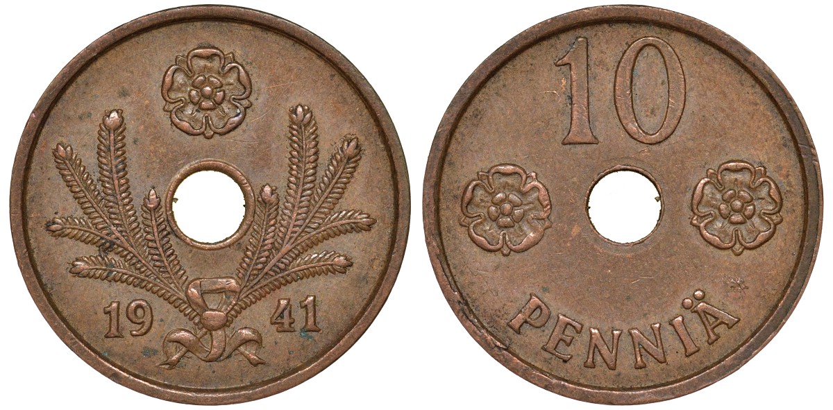 Финляндия 10 пенни 1941 KM 33.1 медь 51-3542