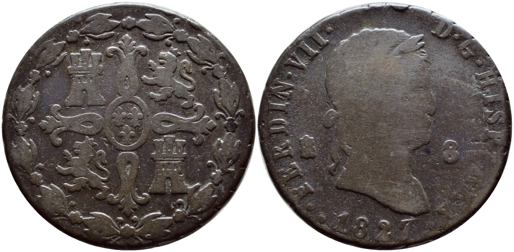 ИСПАНИЯ 8 МАРАВЕДИ 1827 ФЕРДИНАНД VII, Aqueduct KM 486.1 медь 443-514