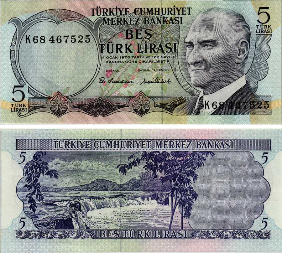 ТУРЦИЯ 5 ЛИР 1976 ПРЕЗИДЕНТ КЕМАЛЬ АТАТЮРК, МАНАВГАТ ВОДОПАД В АНТАЛИИ Pick 185 бумага UNC (ПРЕСС) 6281-14-3-1