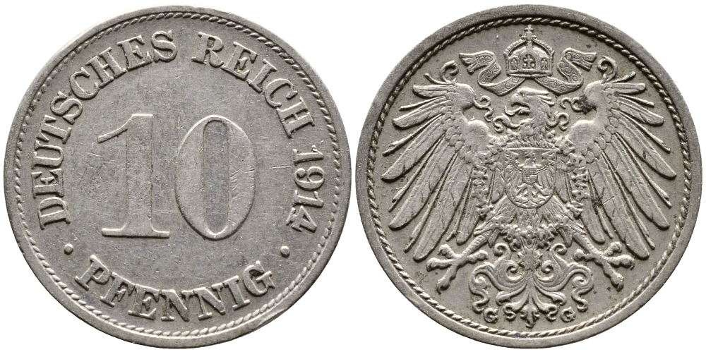 ГЕРМАНИЯ 10 ПФЕННИГОВ 1914 G KM 12, J. 13 медно-никель 87-144