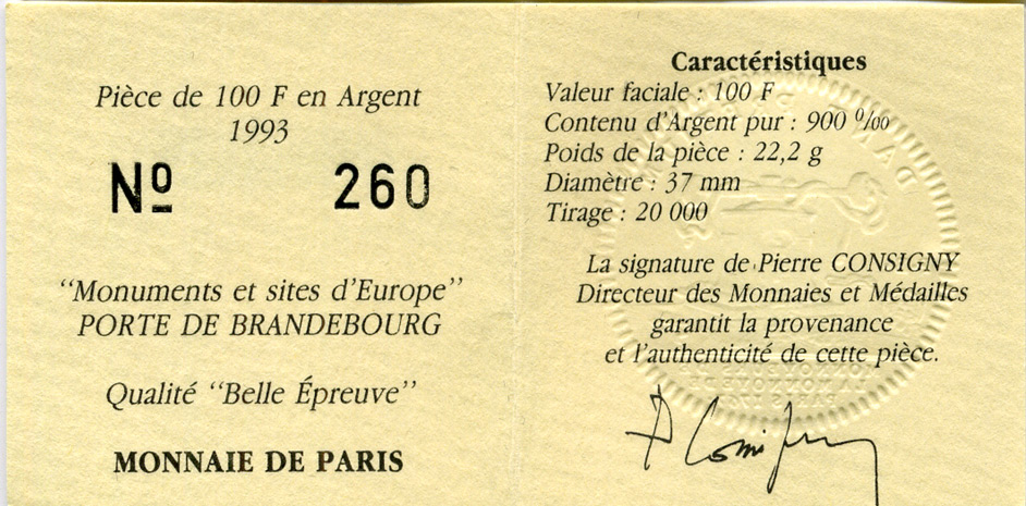 Франция 100 франков - 15 экю 1993 серия архитектурные монументы Европы (Бранденбургские ворота в Берлине), в коробке с сертификатом KM серебро  PROOF  7-6-1-43