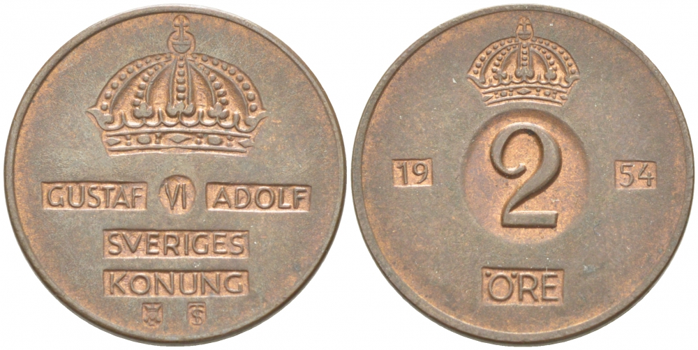 Швеция 2 эре 1954 TS, Густав VI Адольф (1950-1973) КМ 821 бронза 77-457