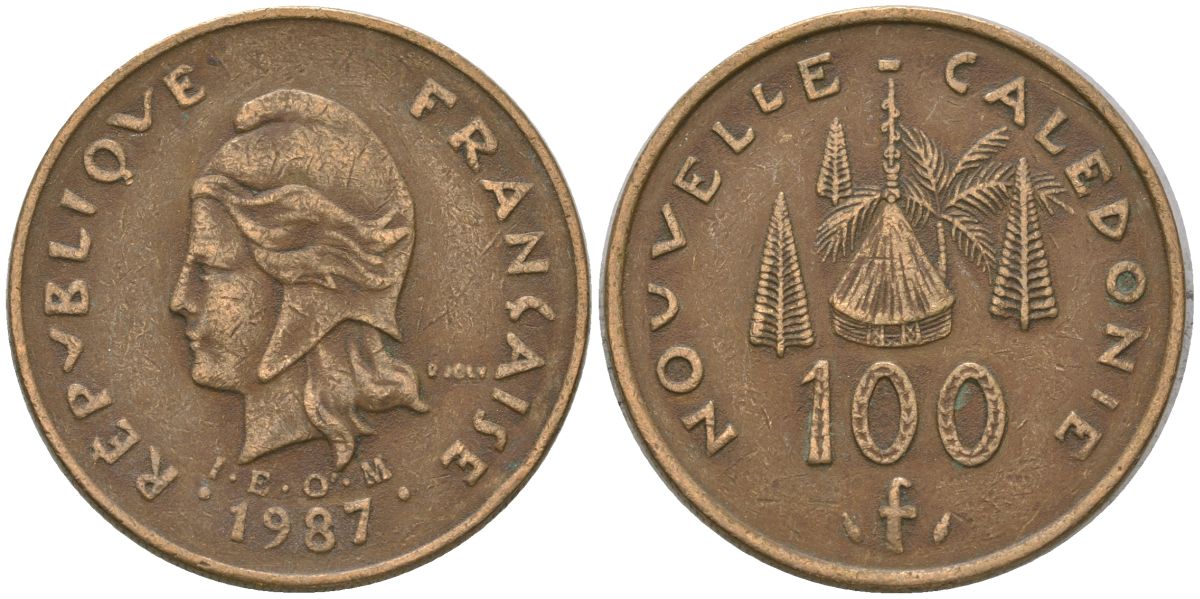 Французская Новая Каледония 100 франков 1987 хижина среди сосен и пальм, (IEOM) KM 15, Schoen 16, Lec 135 никель латунь 4137-942