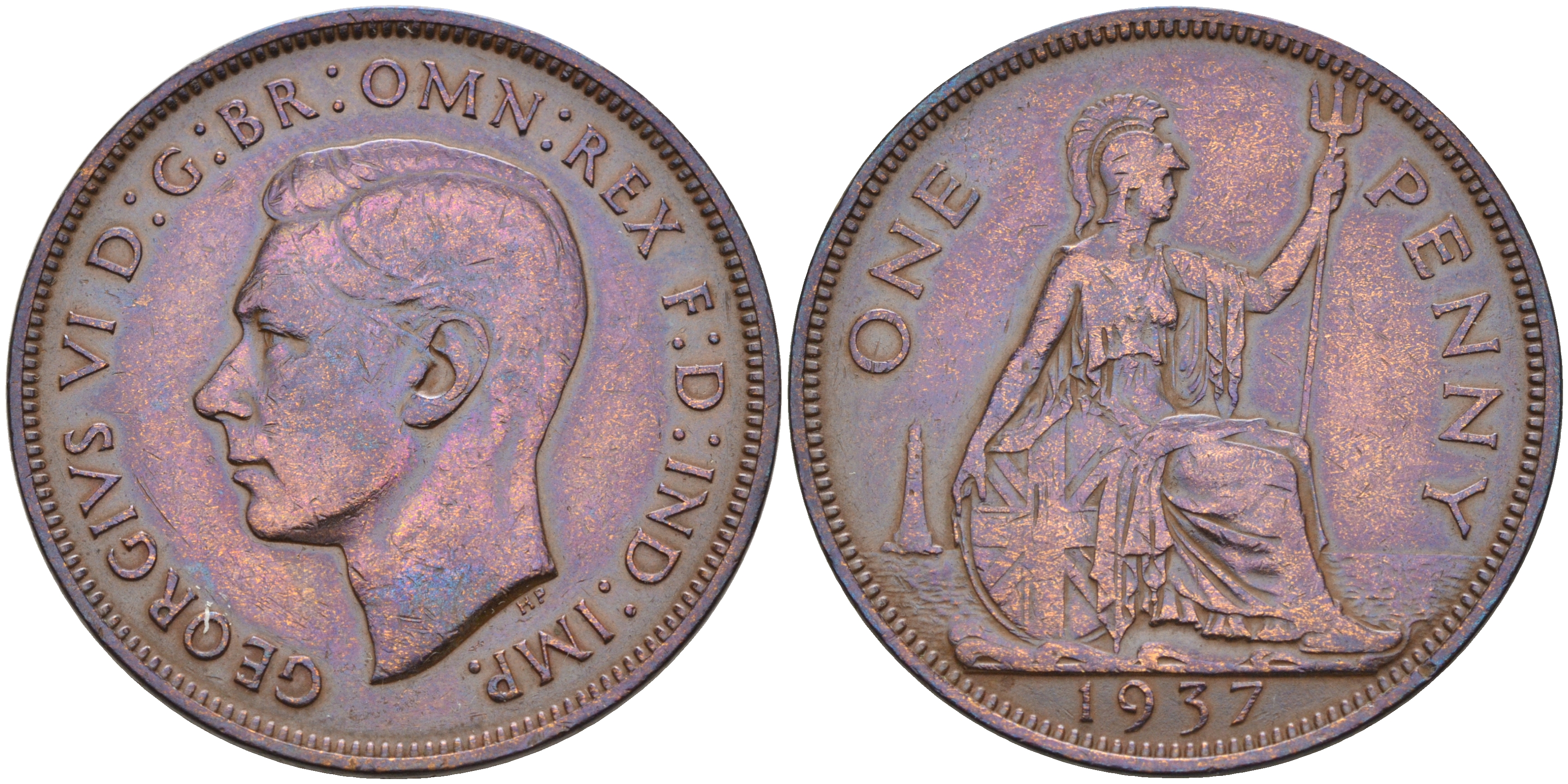 Великобритания 1 пенни 1937 Георг VI (1936-1952) KM 845, Spink 4114 бронза 4590-1232