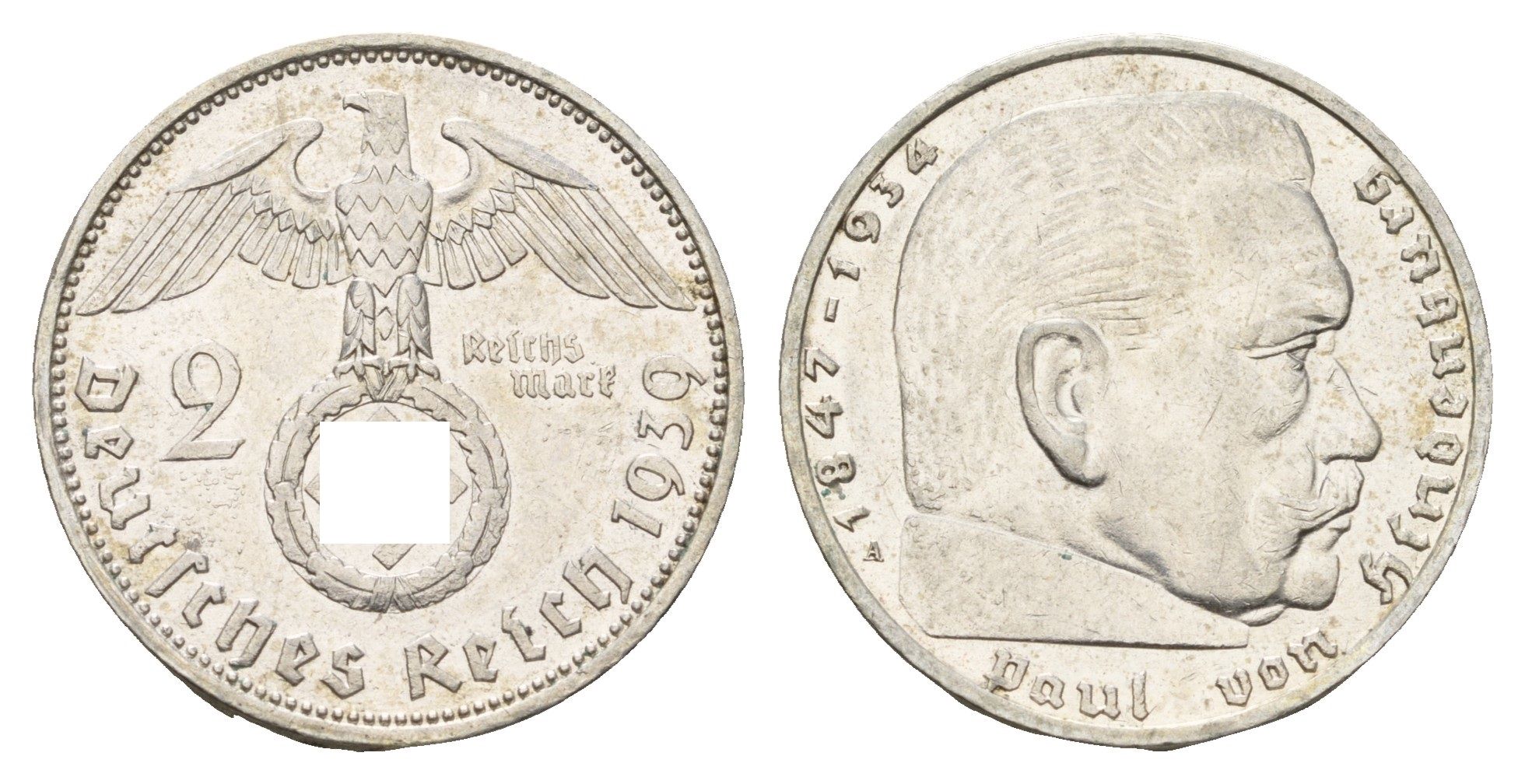 Германия 2 рейхсмарки 1939 A, Пауль фон Гинденбург (1847-1934) KM 93, J. 366 серебро 4681-1126
