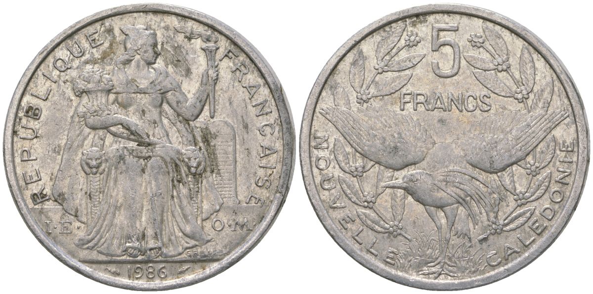 Французская Новая Каледония 5 франков 1986 птица кагу, (IEOM) KM 16, Schoen 12, Lec 76 алюминий 180-545
