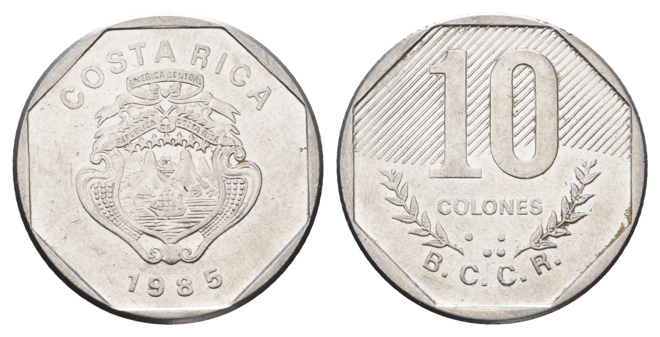 Коста-Рика 10 колонов 1985 год-тип KM 215.2 нержавеющая сталь 4663-951