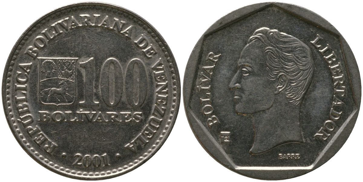 Венесуэла 100 боливаров 2001 KM 83, Schon 95 сталь плакированная никелем 4529-426