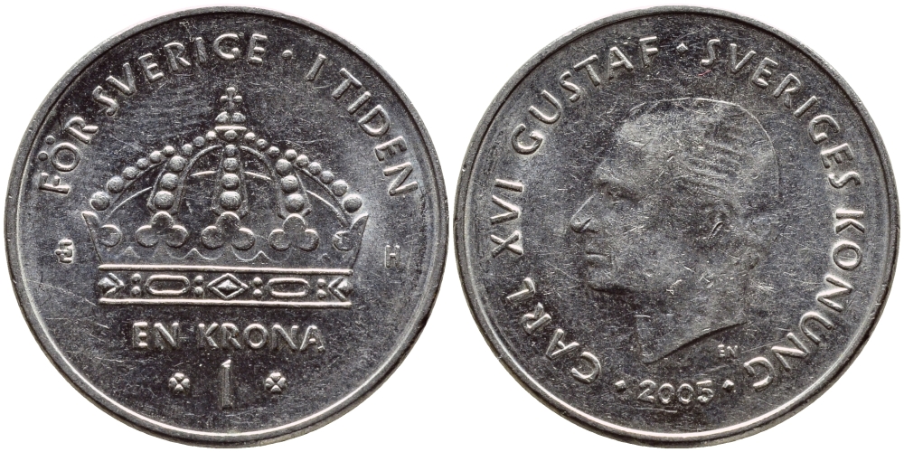 Швеция 1 крона 2005 Карл XVI Густав (1973- ) KM 894 медно-никель 177-756