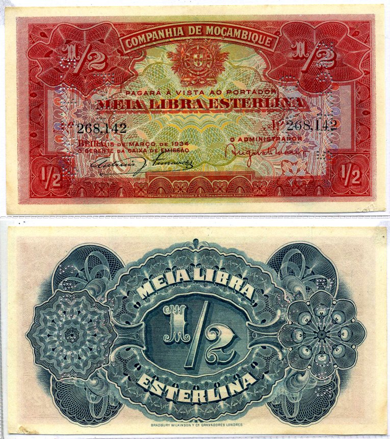 Мозамбик, Португальский 1/2 либра эстерлино 1934 15 марта 1934, ПЕРФОРАЦИЯ PAGO 5.11.1942 Pick R30а бумага аUNC 7457-34-2-2