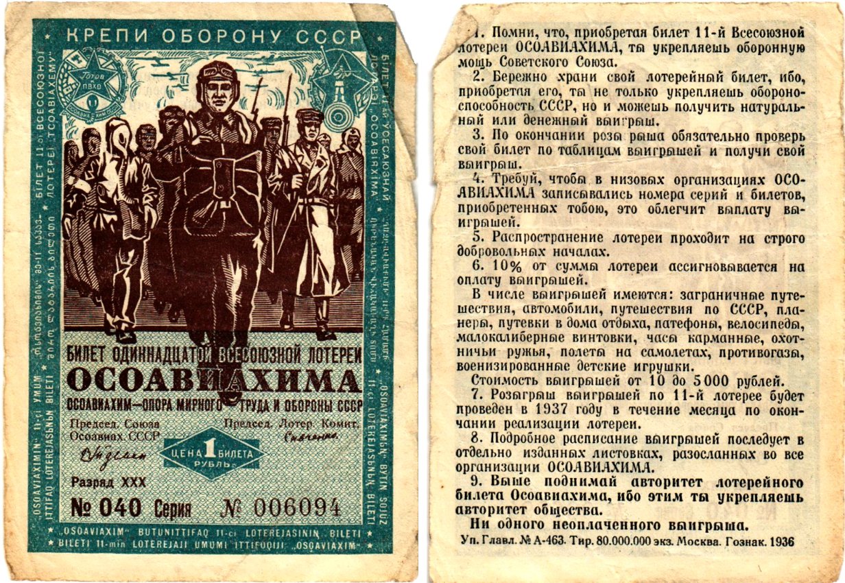 СССР 1 рубль 1936 Одиннадцатая всесоюзная лотерея Осоавиахима 2195-41-2-1