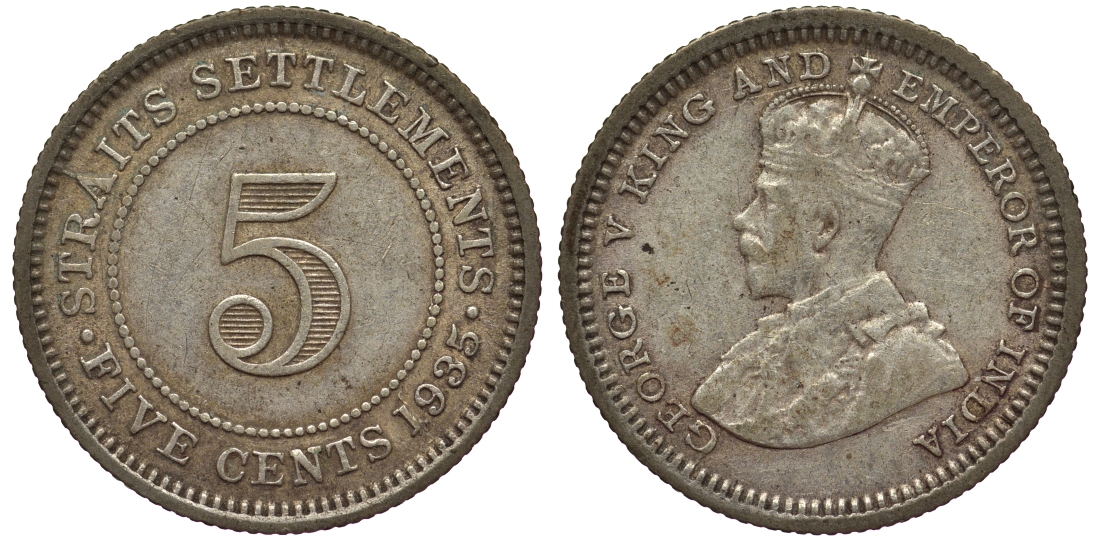 Стрейтс-Сетлментс 5 центов 1935 Георг V (1910-1936) КМ 36 серебро 53-559