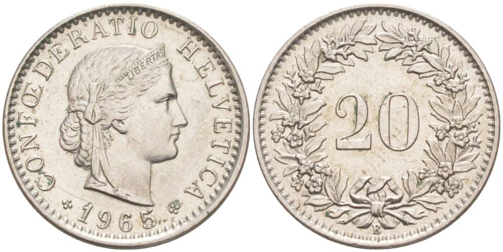ШВЕЙЦАРИЯ 20 РАППЕНОВ 1965 В KM 29a медно-никель 55-842