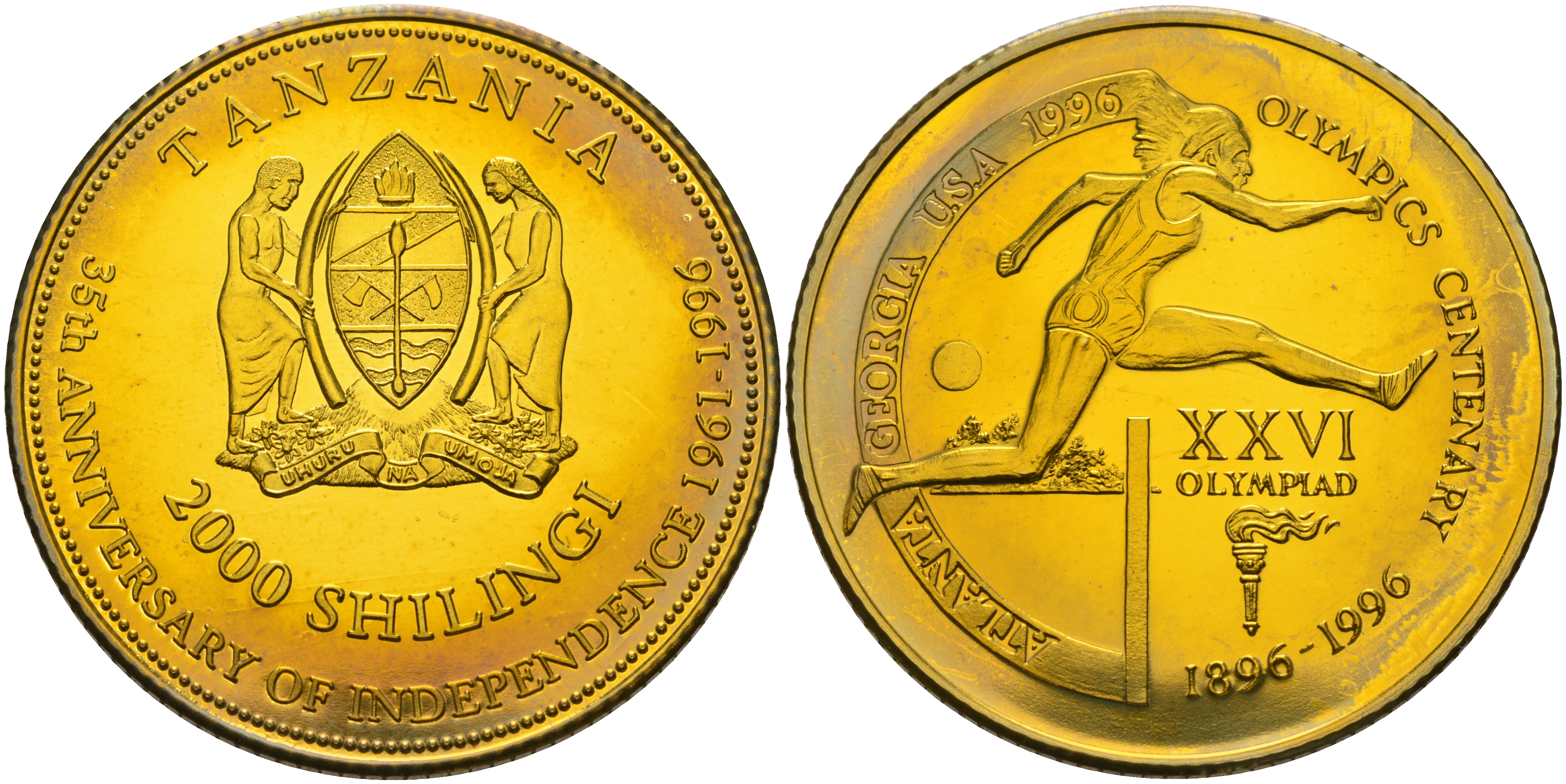 Танзания 2000 шиллингов 1996 XXVI Олимпийские игры 1996 года в Атланте, 100 лет Олимпийскому движению, бег с барьерами, пробник, рубчатый гурт латунь PROOF 06-135-32