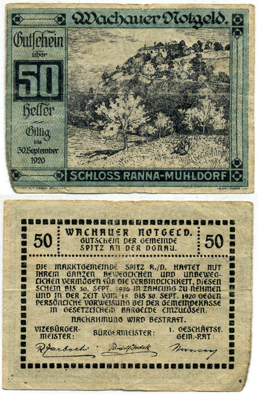 АВСТРИЯ 50 ГЕЛЛЕРОВ 1920 ЗАМОК РАННА МЮХЛДОРФ НОТГЕЛЬД бумага 445-54-2-1