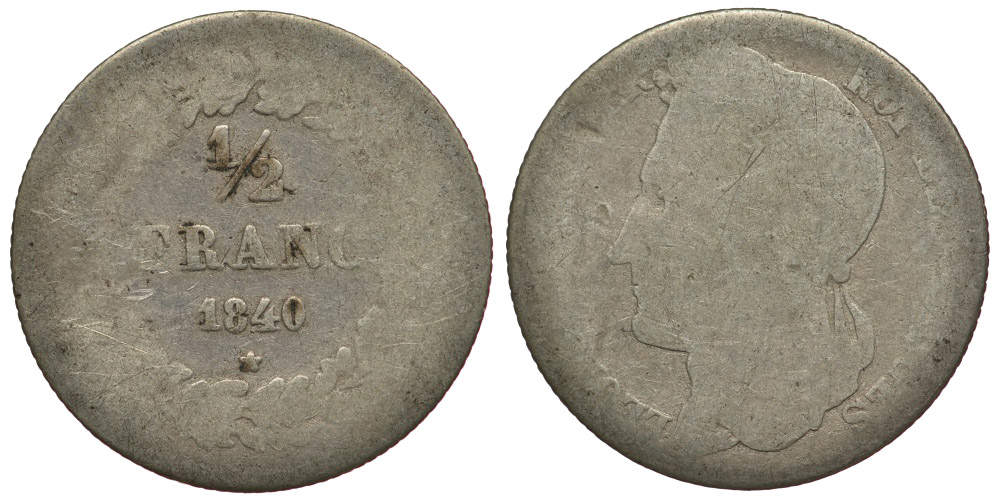 БЕЛЬГИЯ 1/2 ФРАНКА 1840 BELGES KM 6 серебро 3896-931