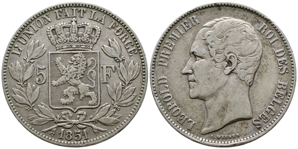 Бельгия 5 франков 1851 Леопольд I (1831-1865) KM 17 серебро 00-1067-4-12