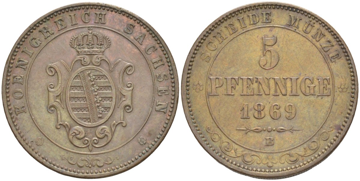 Саксония 5 пфеннигов 1869 В, Иоганн (1854-1873), Альбертинская линия KM 1218, Jaeger 123, AKS 151 медь 4385-742