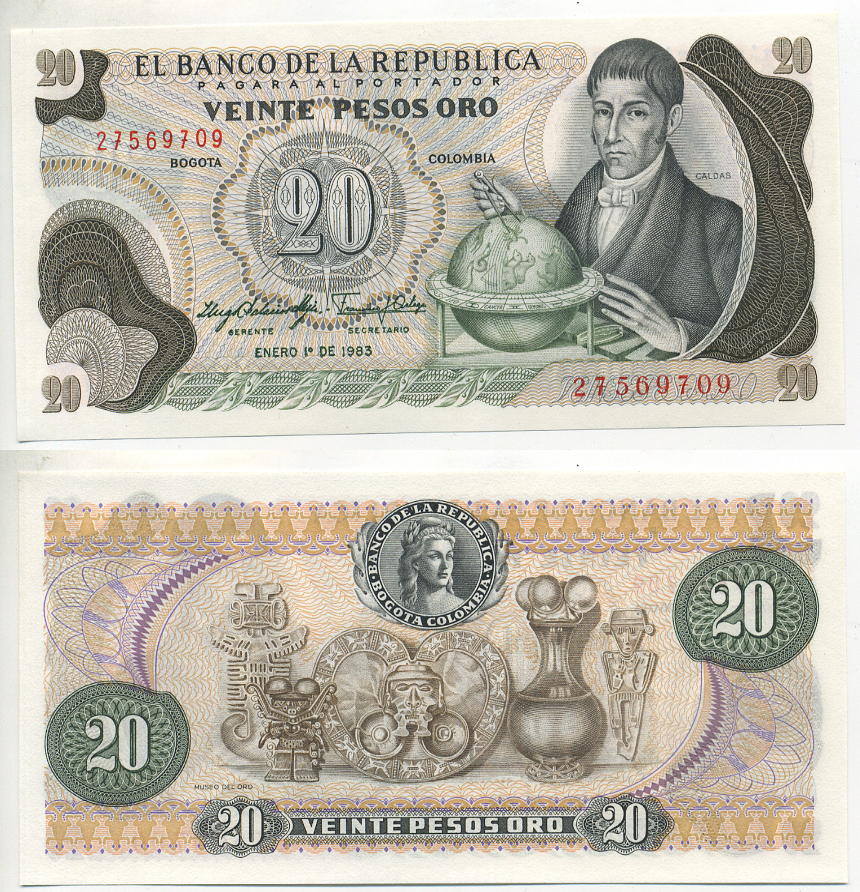 Колумбия 20 песо 1983 Франсиско Хосе де Кальдас, музей золота Pick 409d бумага UNC (пресс) 7204-62-2