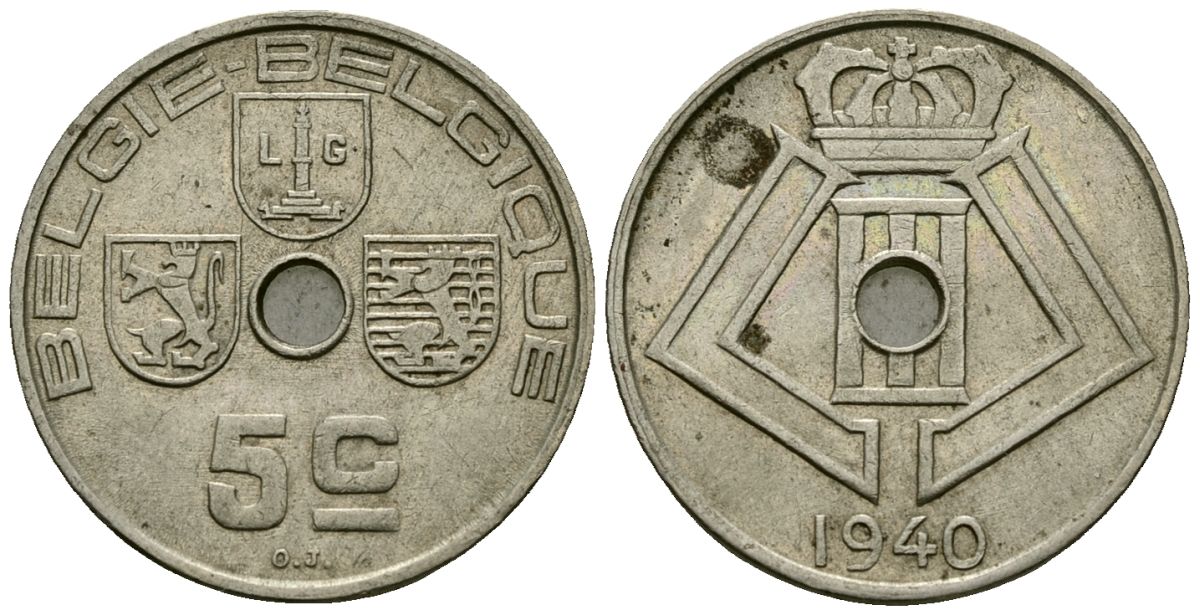 Бельгия 5 сантимов 1940 Belgie - Belgique KM 111 никель латунь 4173-636