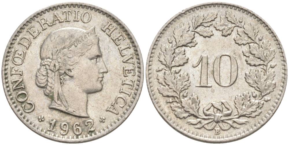 ШВЕЙЦАРИЯ 10 РАППЕНОВ 1962 В KM 27 медно-никель 55-333