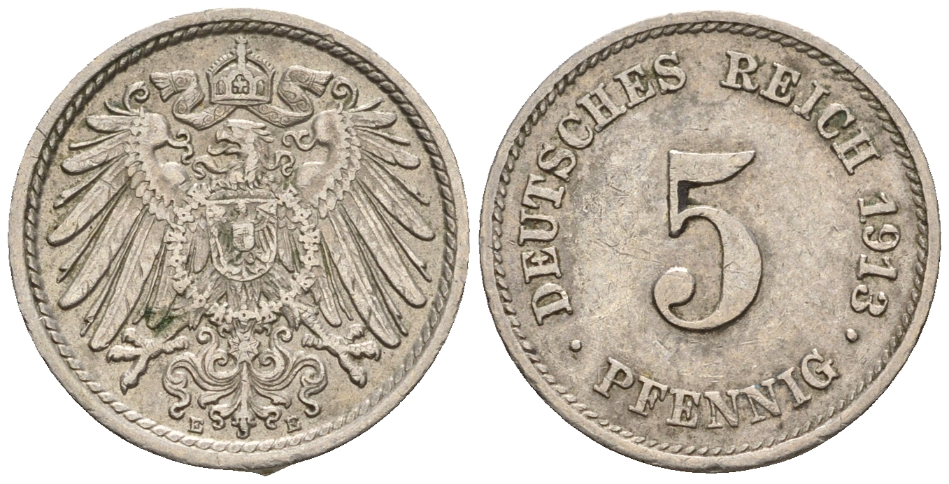Германия 5 пфеннигов 1913 E, KM 11, J. 12 медно-никель 220-647