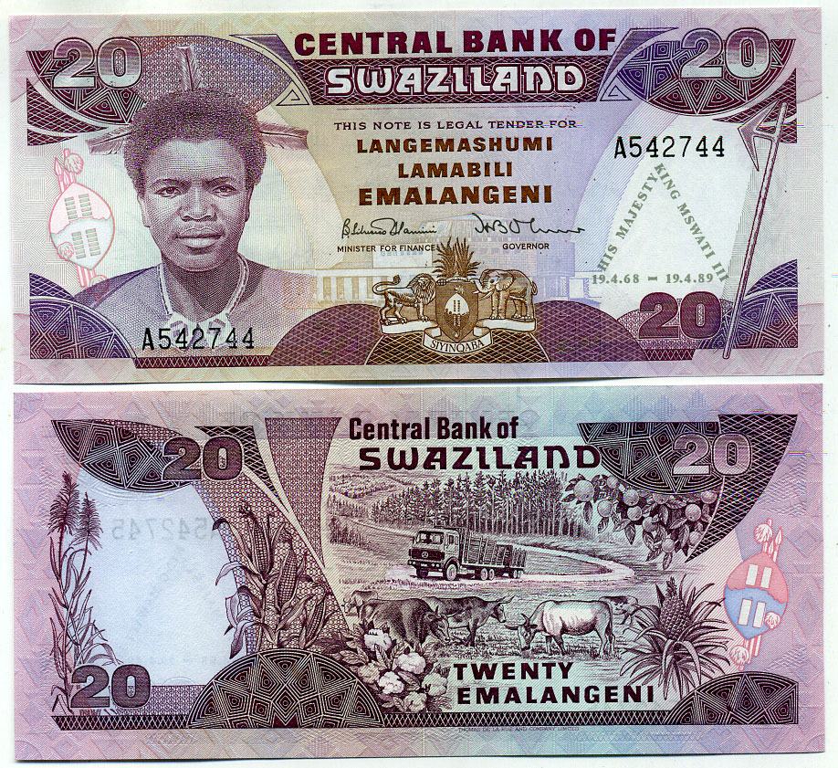 Свазиленд 20 емалангени 1989 король Мсвати III, 21-й день рождения короля Pick 17  бумага  UNC (пресс) 00-00
