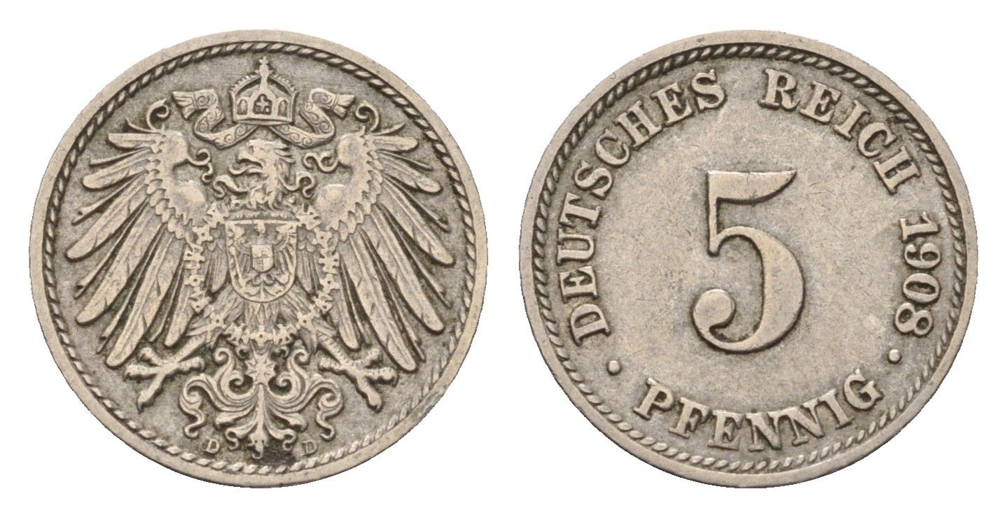 Германия 5 пфеннигов 1908 D, Вильгельм II (1888-1918) KM 11, J. 12 медно-никель 4636-153